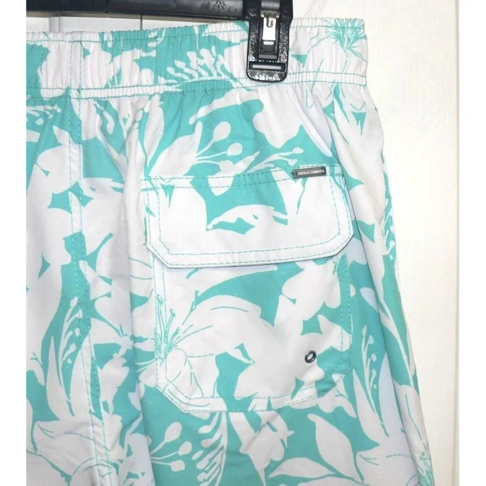 Vintage Summer Men's Tropical Print Drawstring Volley‎ Swim Trunks in Teal Large
